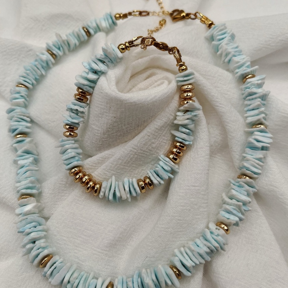 Gold and Blue Beaded Necklace and Bracelet Set